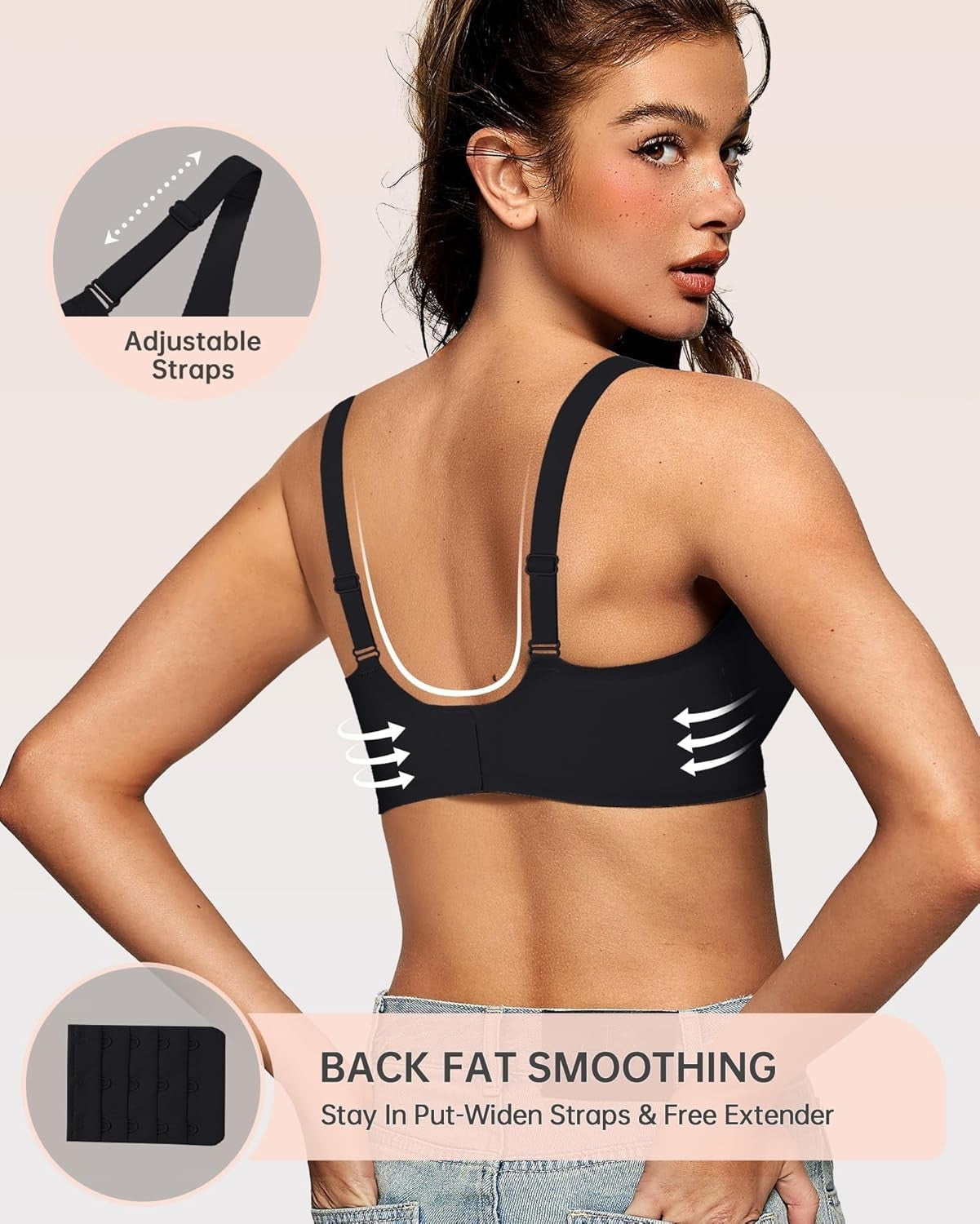 OEAK Womens Deep V Wireless Bra Seamless Push up Black Large