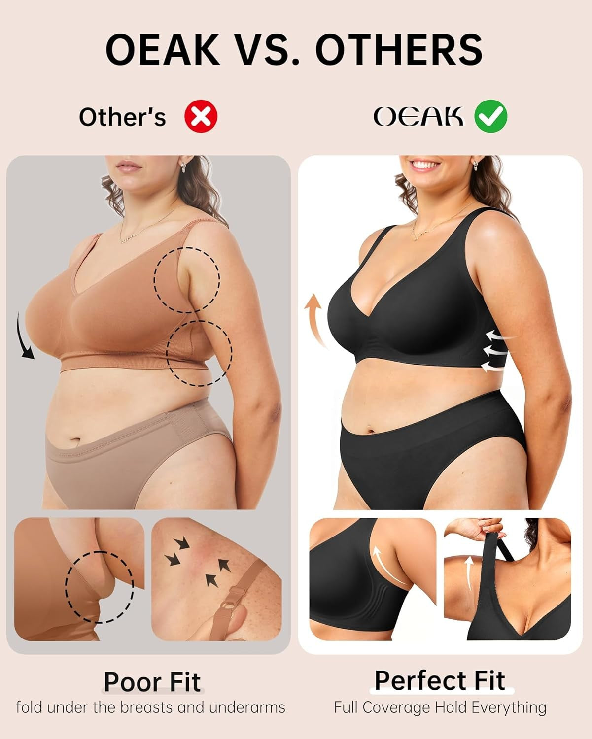 OEAK Womens Deep V Wireless Bra Seamless Push up Black Large