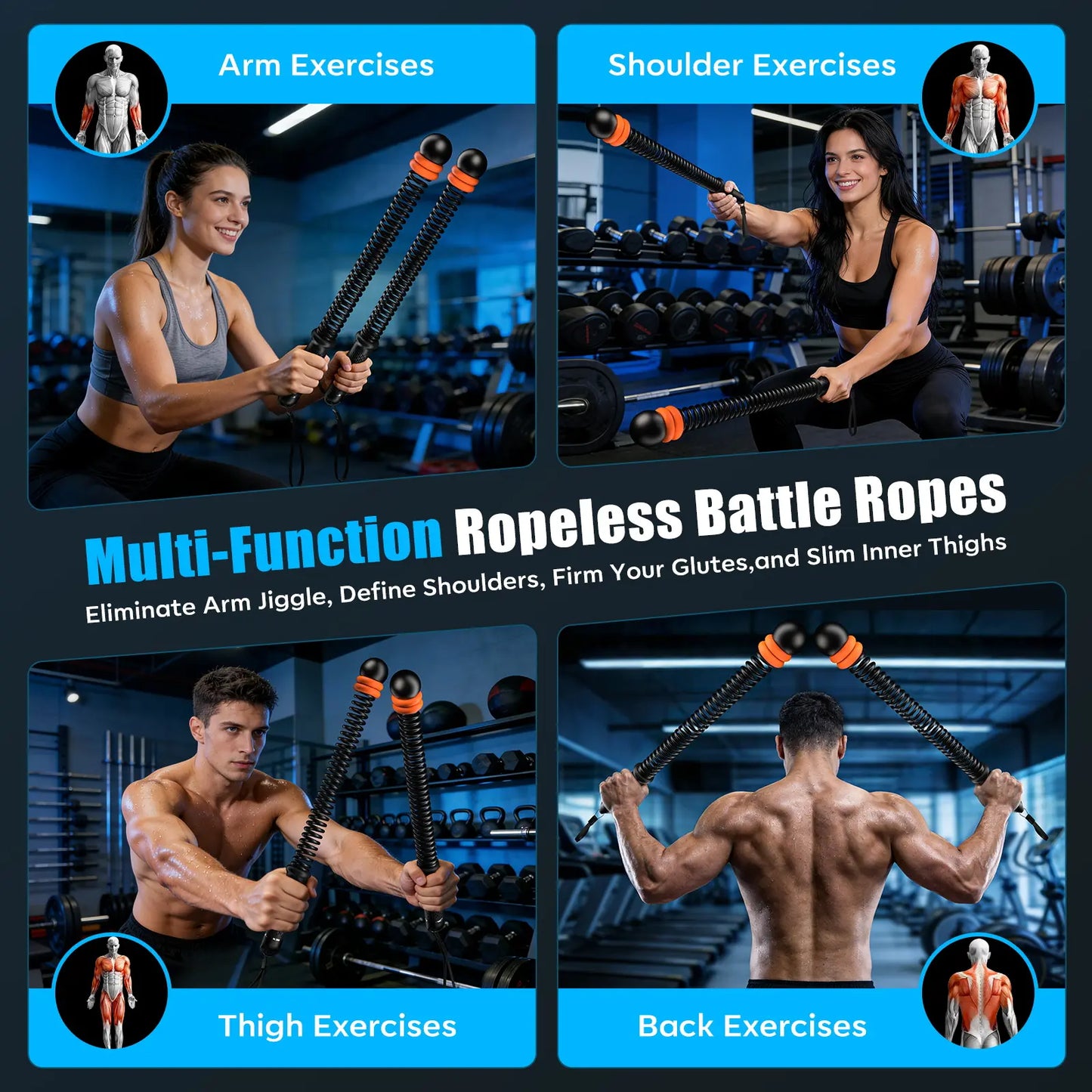 Cordless Battle Ropes with Adjustable Resistance Springs - Weighted Ropeless Battle Rope for Home Gym Exercise, Portable Workout Equipment for Strength Training & Cardio Fitness