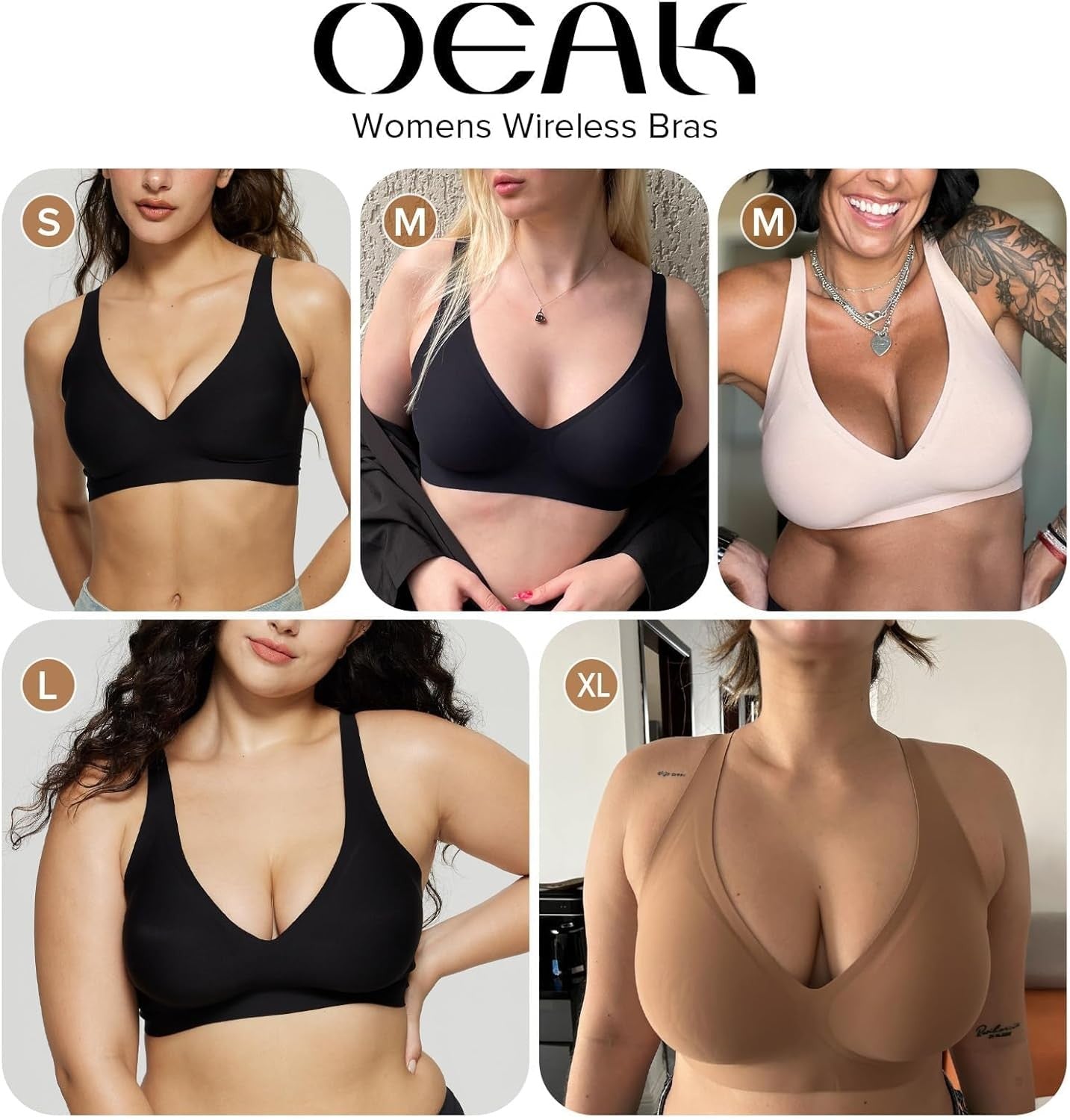 OEAK Womens Deep V Wireless Bra Seamless Push up Black Large