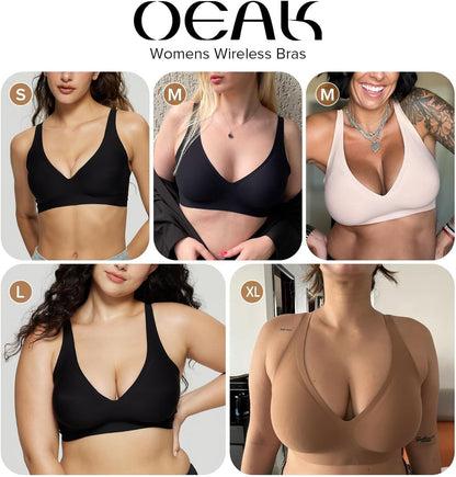 OEAK Womens Deep V Wireless Bra Seamless Push up Black Large