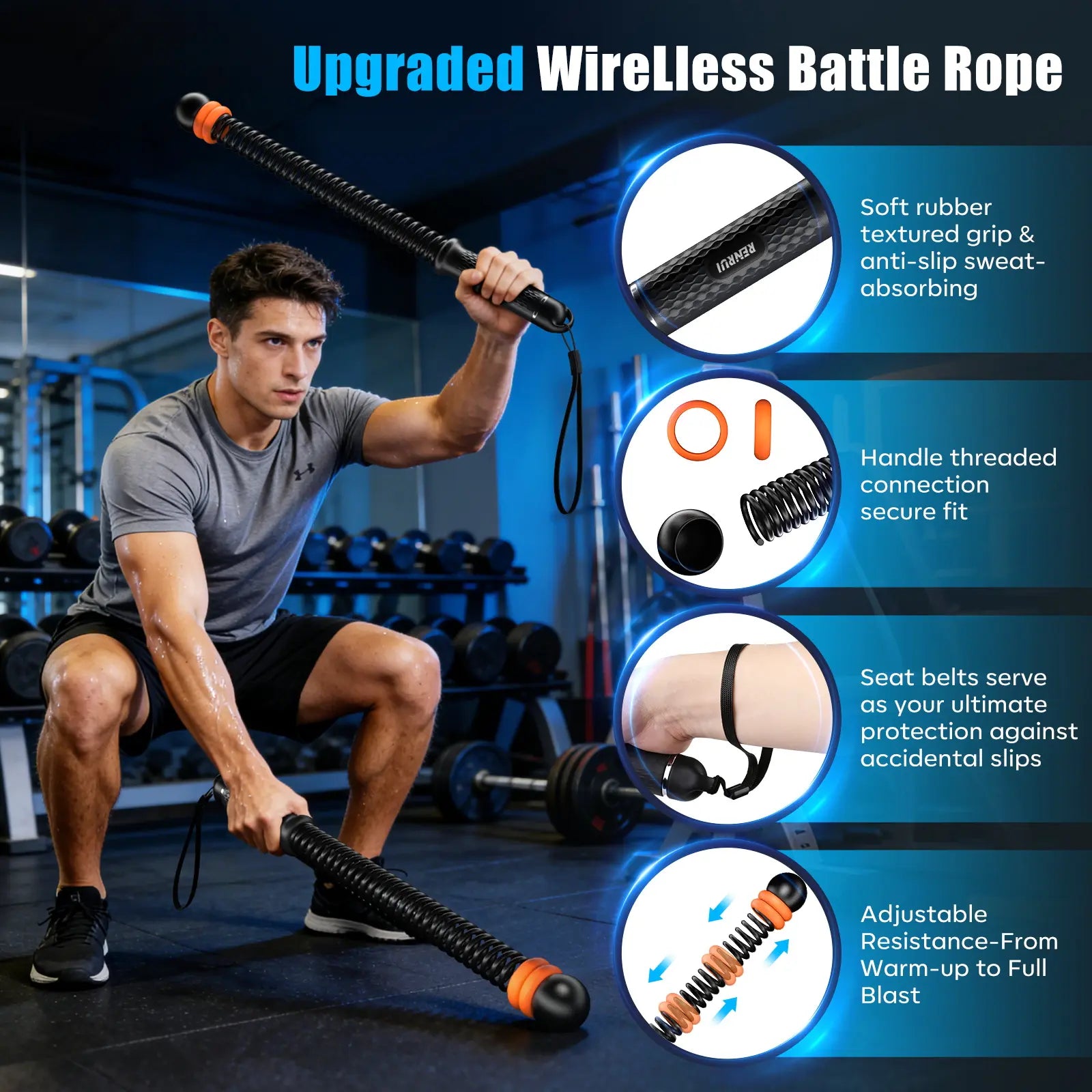 Cordless Battle Ropes with Adjustable Resistance Springs - Weighted Ropeless Battle Rope for Home Gym Exercise, Portable Workout Equipment for Strength Training & Cardio Fitness
