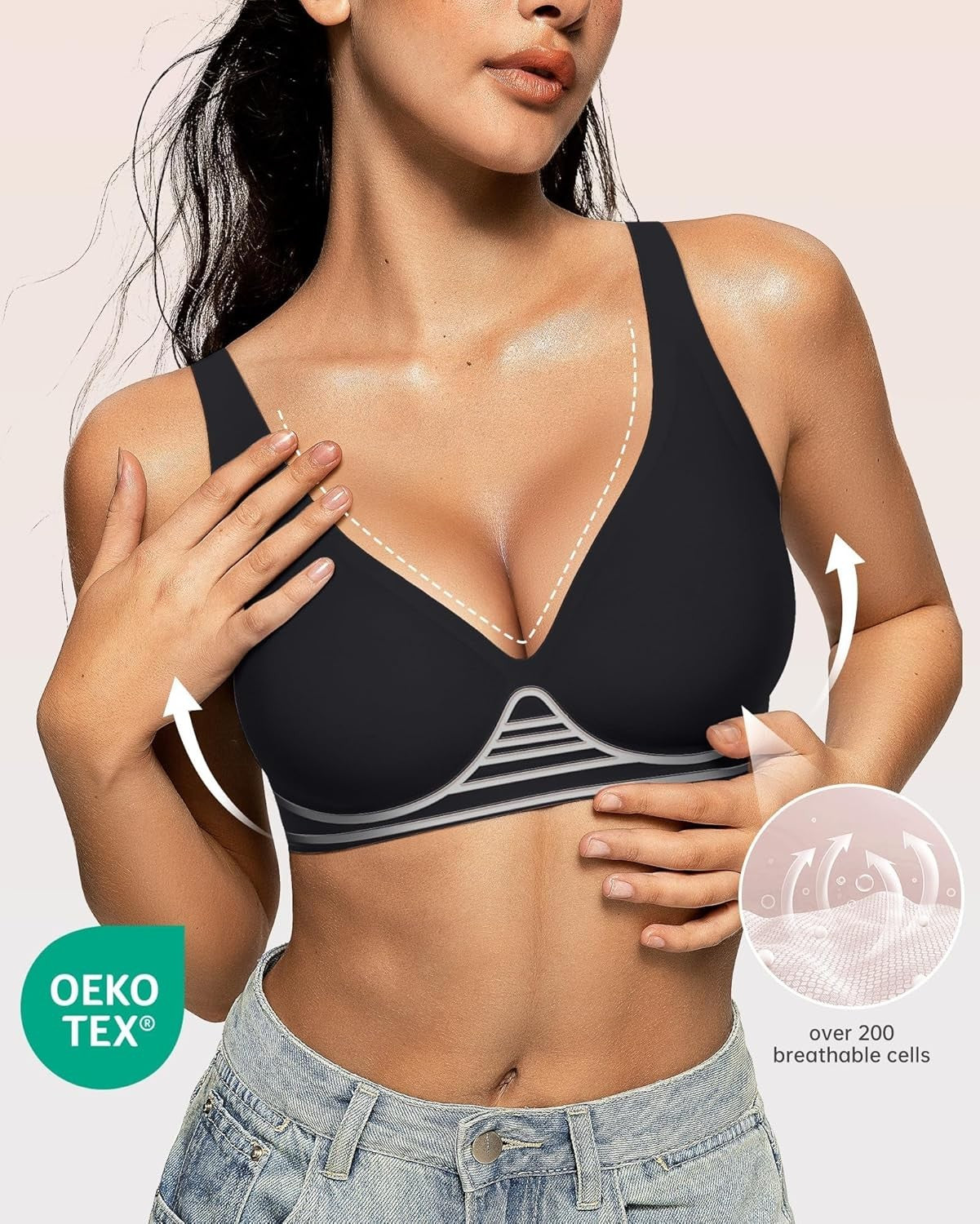 OEAK Womens Deep V Wireless Bra Seamless Push up Black Large
